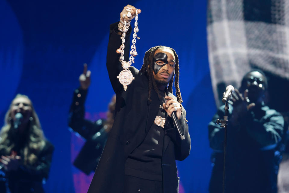 <p>Then came Quavo, backed by Maverick City Music. The rapper sang "Without You" <a href="https://people.com/music/grammys-2023-quavo-maverick-city-music-perform-tribute-to-late-takeoff/" rel="nofollow noopener" target="_blank" data-ylk="slk:in honor of;elm:context_link;itc:0;sec:content-canvas" class="link ">in honor of</a> his fellow Migos member and nephew, <a href="https://people.com/music/migos-rapper-takeoff-dead-age-28-in-shooting/" rel="nofollow noopener" target="_blank" data-ylk="slk:Takeoff;elm:context_link;itc:0;sec:content-canvas" class="link ">Takeoff</a>, who died in November 2022.</p>