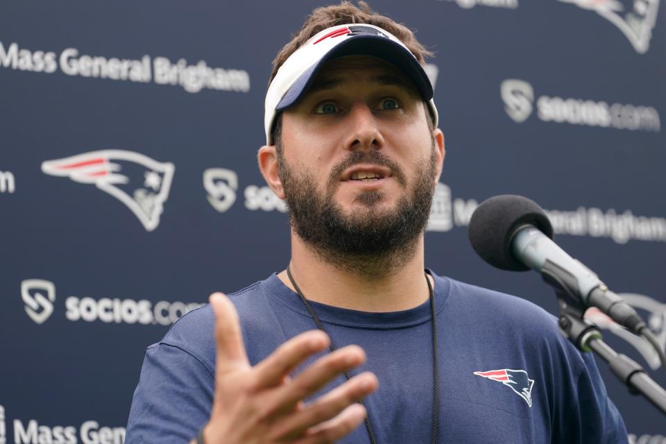 New England Patriots tight ends coach Nick Caley talks to reporters following a practice, Wednesday, Aug. 4, 2021, in Foxborough, Mass.