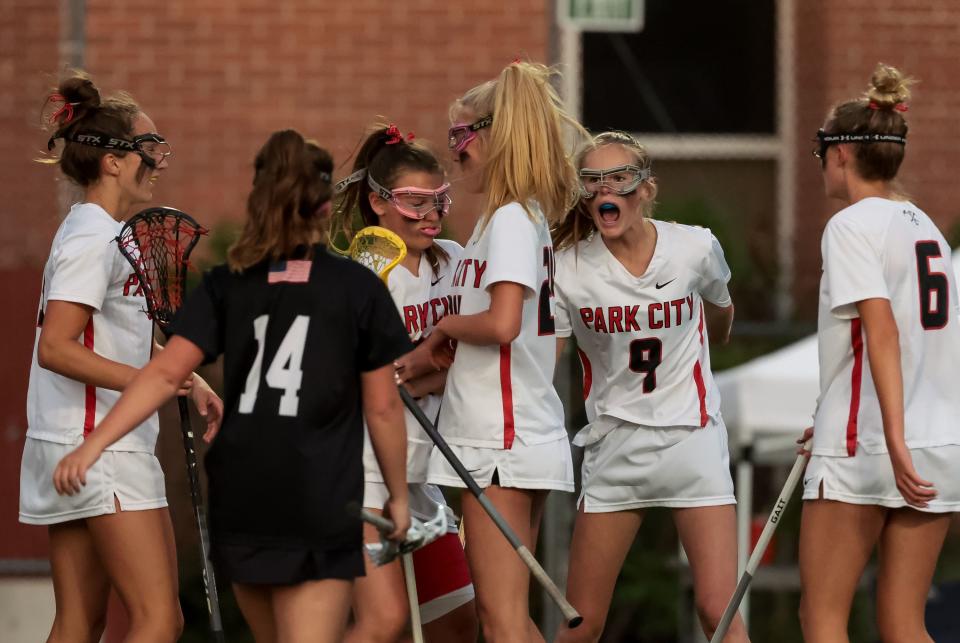 Park City celebrates after a goal in a 5A girls lacrosse semifinal game against Wasatch at Westminster College in Salt Lake City on Tuesday, May 23, 2023. | Spenser Heaps, Deseret News