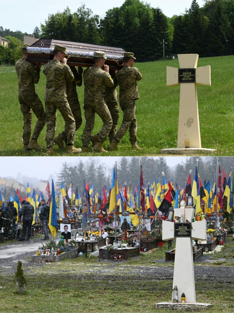 Lychakiv cemetery in Lviv in February 2022 and this month (AFP via Getty Images)