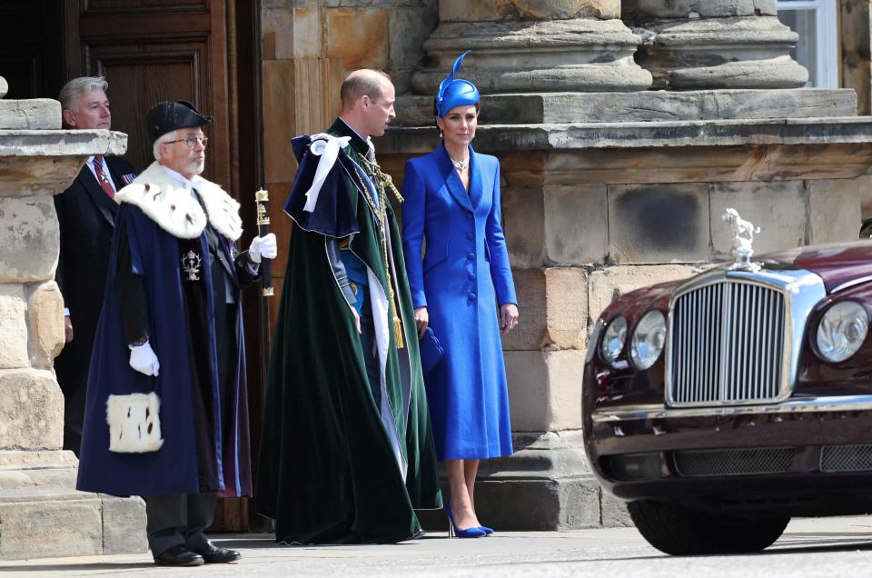 Britain&#39;s Prince William and Catherine, Princess of Wales, known as the Duke and Duchess of Rothesay while in Scotland leave the Palace of Holyroodhouse, Edinburgh (via REUTERS)