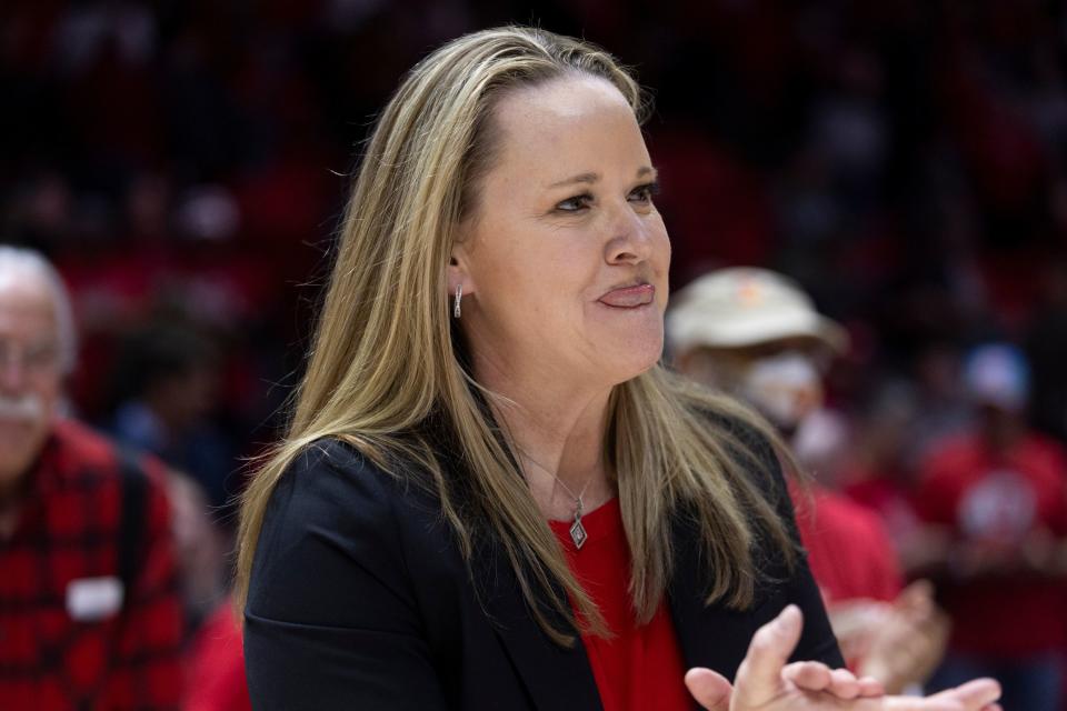 Utah Utes head coach, Lynne Roberts, celebrates a win against the UCLA Bruins at the Huntsman Center in Salt Lake City on Jan. 22, 2024. The Utes won during overtime 94-81. | Marielle Scott, Deseret News