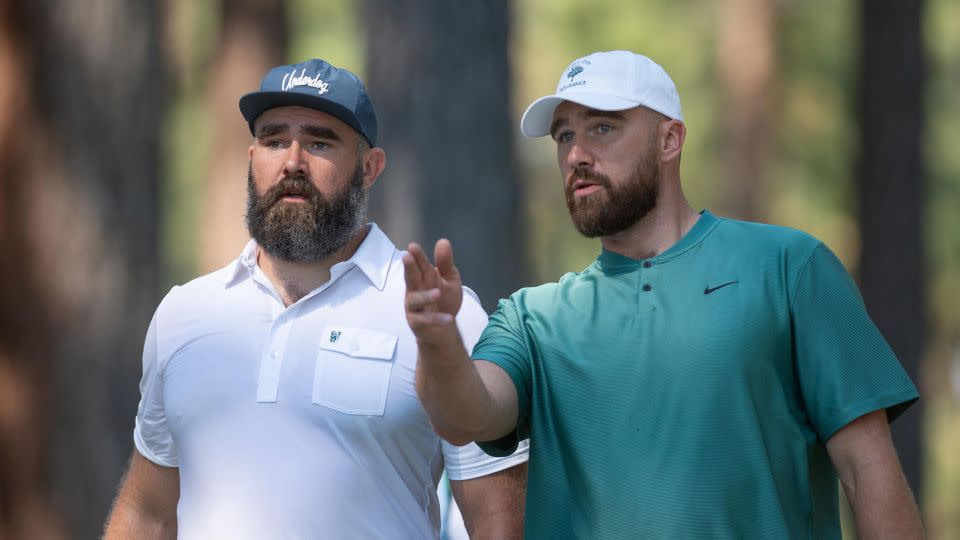 (From left) Jason Kelce and Travis Kelce at the ACC Celebrity Golf Championship in Nevada in July. - David Calvert/Getty Images