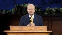 In this photograph provided by The Church of Jesus Christ of Latter-day Saints shows President Russell M. Nelson speaking during The Church of Jesus Christ of Latter-day Saints' twice-annual church conference Saturday, April 4, 2020, in Salt Lake City. The conference kicked off without anyone attending in person and top leaders sitting some 6 feet apart inside an empty room as the faith takes precautions to avoid the spread of the coronavirus. A livestream of the conference showed a few of the faith's top leaders sitting alone inside a small auditorium in Salt Lake City, Normally, top leaders sit side-by-side on stage with the religion's well-known choir behind them and some 20,000 people watching. (The Church of Jesus Christ of Latter-day Saints via AP)