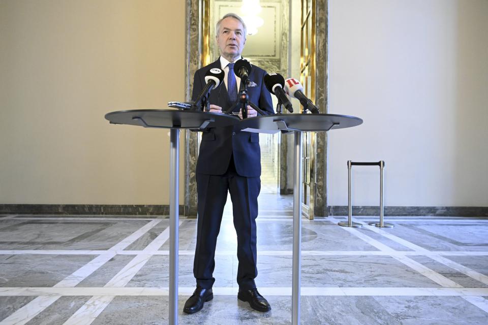 Finland's Foreign Minister Pekka Haavisto speaks during a news conference at the Parliament building in Helsinki, Finland, Tuesday, Jan. 24, 2023. Finland’s top diplomat appears to have suggested that the country may have to join NATO without Sweden, after Turkey’s president cast doubt on expansion of the military alliance. His comment came a day after Turkish President Recep Tayyip Erdogan warned Sweden not to expect support for its bid for NATO membership following weekend protests in Stockholm by an anti-Islam activist and pro-Kurdish groups. (Vesa Moilanen/Lehtikuva via AP)