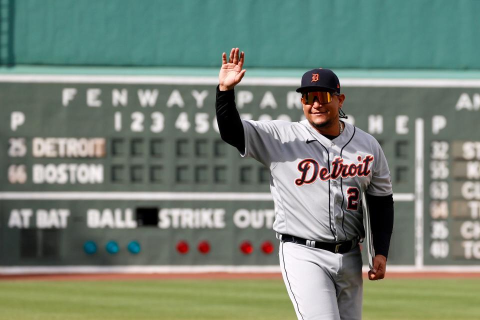 Detroit Tigers designated hitter Miguel Cabrera. acknowledges the crowd after being honored in a ceremony before a baseball game against the Boston Red Sox at Fenway Park in Boston on Saturday, Aug. 12, 2023.