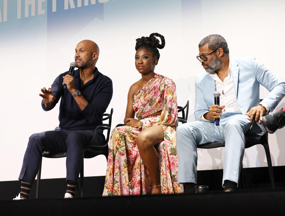 (L-R) Keegan-Michael Key, Lyric Ross, and Jordan Peele speaking at the Netflix's "Wendell & Wild" world premiere