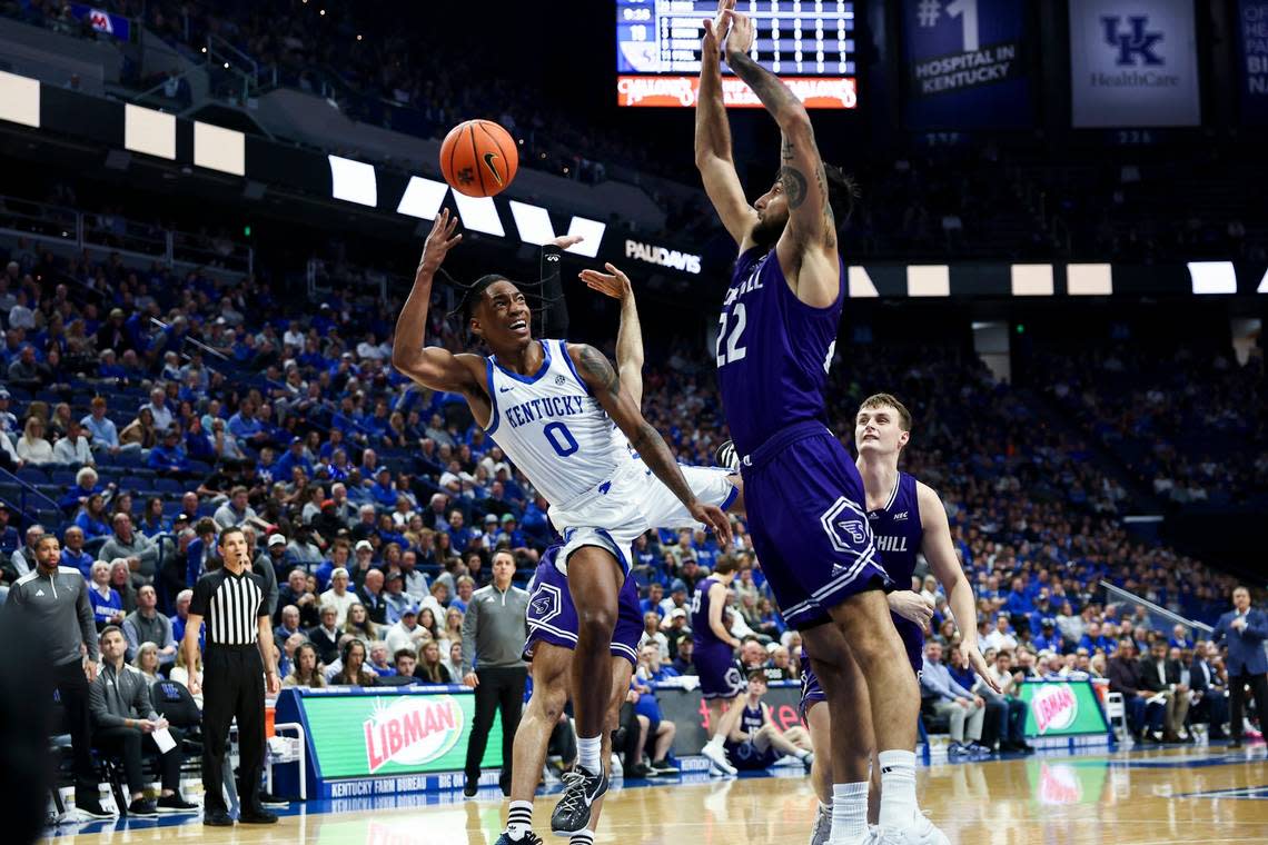 Kentucky guard Rob Dillingham (0) is fouled while shooting against Stonehill guard Pano Pavlidis (22) during Friday’s game at Rupp Arena. Dillingham finished with 20 points, four rebounds and seven assists.