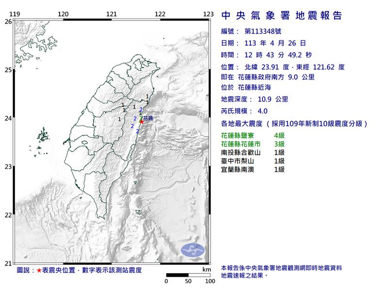12時43分花蓮縣近海發生規模4.0地震。（圖／翻攝自中央氣象署）