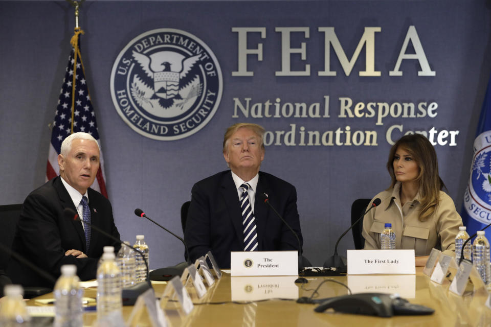 Melania Trump attended a FEMA meeting with President Trump and Vice President Mike Pence. (Photo: Getty Images)