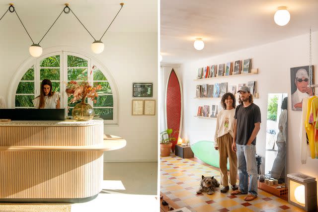 <p>Ambroise Tézenas</p> From left: The reception desk at Les Hortensias du Lac; owners Ada Zitouni and Edouard Mineo at Sunburn Store, a surf shop in Biarritz.