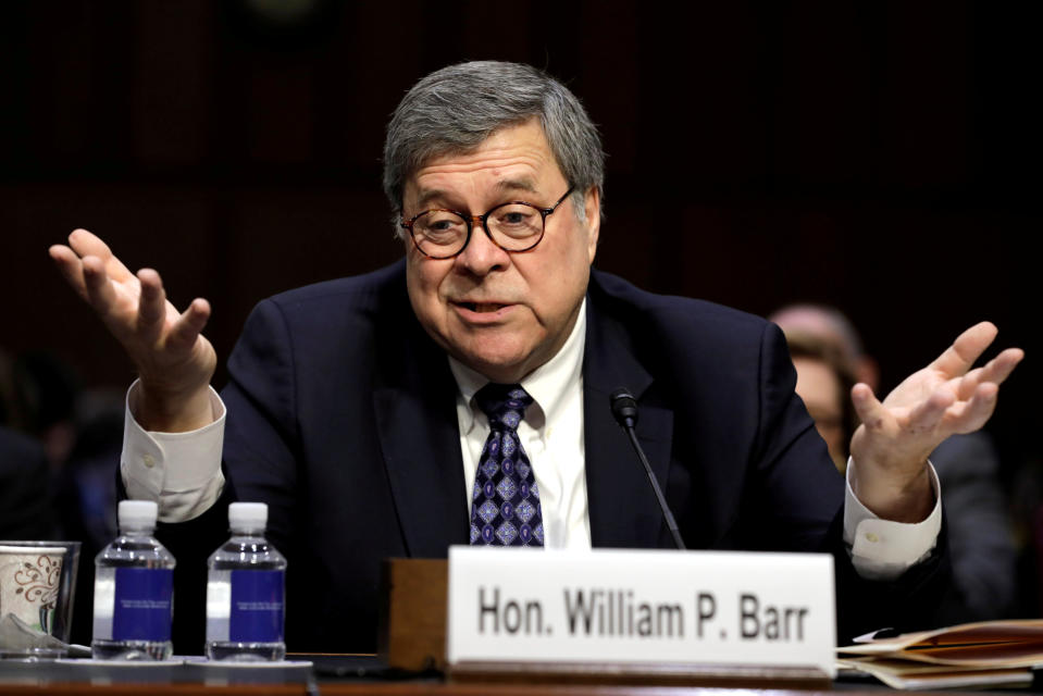FILE PHOTO: William Barr testifies at a Senate Judiciary Committee hearing on his nomination to be attorney general of the United States on Capitol Hill in Washington, U.S., January 15, 2019. REUTERS/Yuri Gripas/File Photo