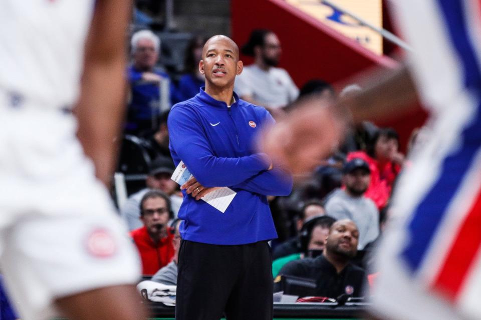 Detroit Pistons head coach Monty Williams watches a play against the Utah Jazz during the first half at Little Caesars Arena in Detroit on Thursday, Dec. 21, 2023.