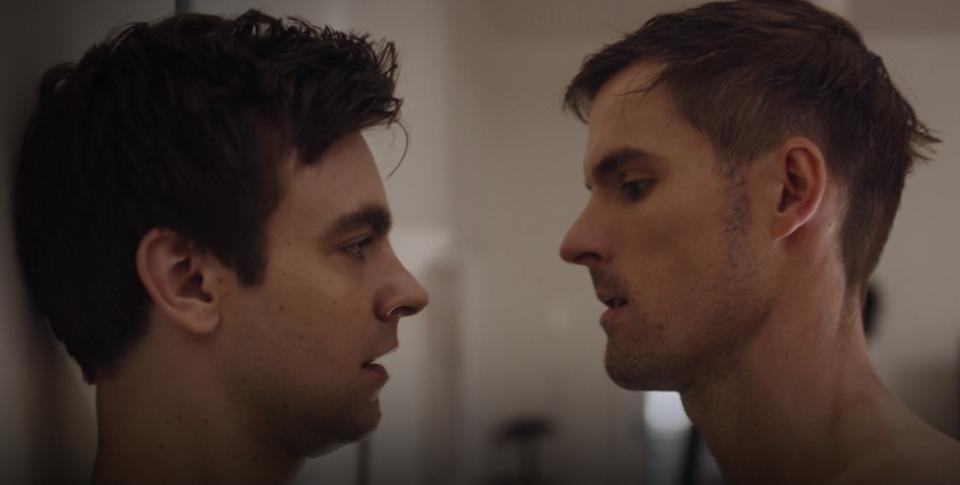 Drew Tarver and Andy Ridings in the moment before a kiss on "The Other Two"