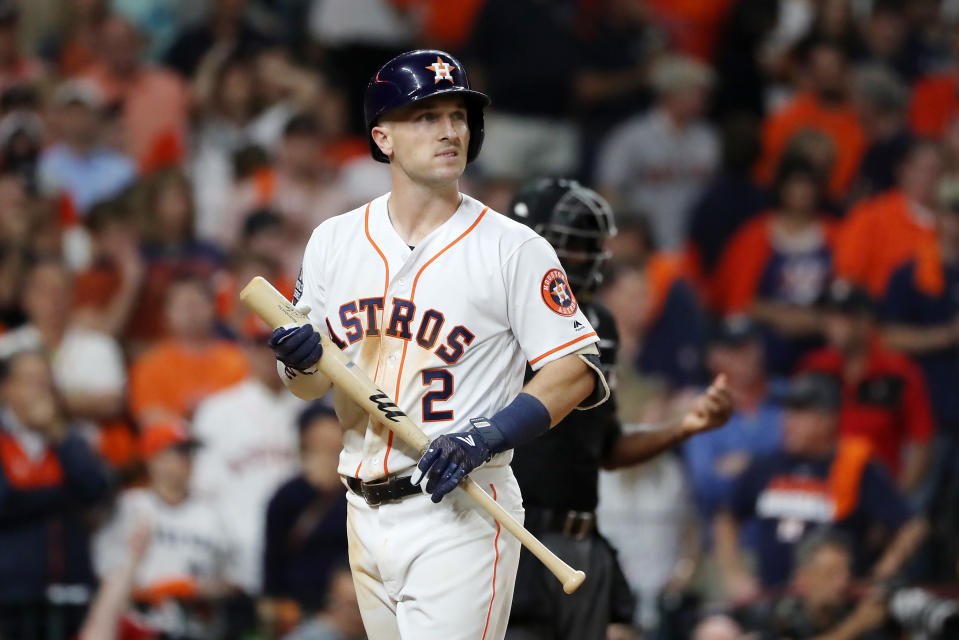 HOUSTON, TEXAS - OCTOBER 22:  Alex Bregman #2 of the Houston Astros reacts after striking out against the Washington Nationals during the ninth inning in Game One of the 2019 World Series at Minute Maid Park on October 22, 2019 in Houston, Texas. (Photo by Elsa/Getty Images)