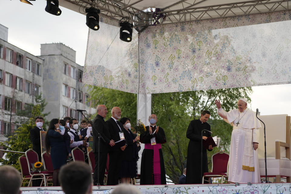 Pope Francis meets members of the Roma community at Lunik IX, in Kosice, Slovakia, Tuesday, Sept. 14, 2021, the biggest of about 600 shabby, segregated settlements where the poorest 20% of Slovakia's 400,000 Roma live. Pope Francis traveled to Kosice, in the far east of Slovakia on Tuesday to meet with the country's Roma in a gesture of inclusion for the most socially excluded minority group in Slovakia, who have long suffered discrimination, marginalization and poverty. (AP Photo/Gregorio Borgia)