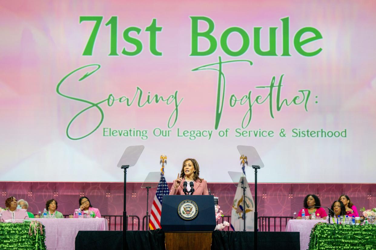 Vice President Kamala Harris speaks to members of the Alpha Kappa Alpha Sorority at the Kay Bailey Hutchison Convention Center on July 10, 2024 in Dallas, Texas. The Vice President spoke to approximately 20,000 members from her sorority in a continued effort to rally support ahead of the upcoming November Presidential election.