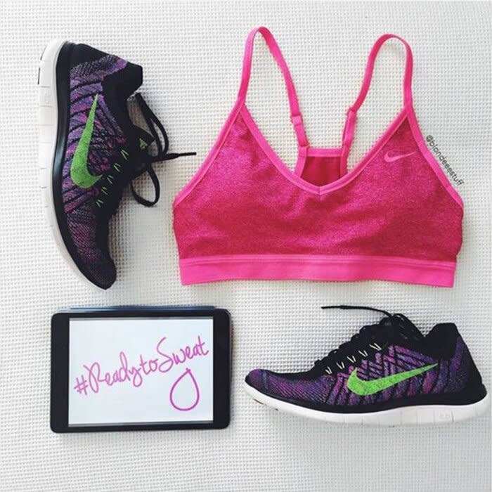 @blondeeestuff workout shoes and sports bra