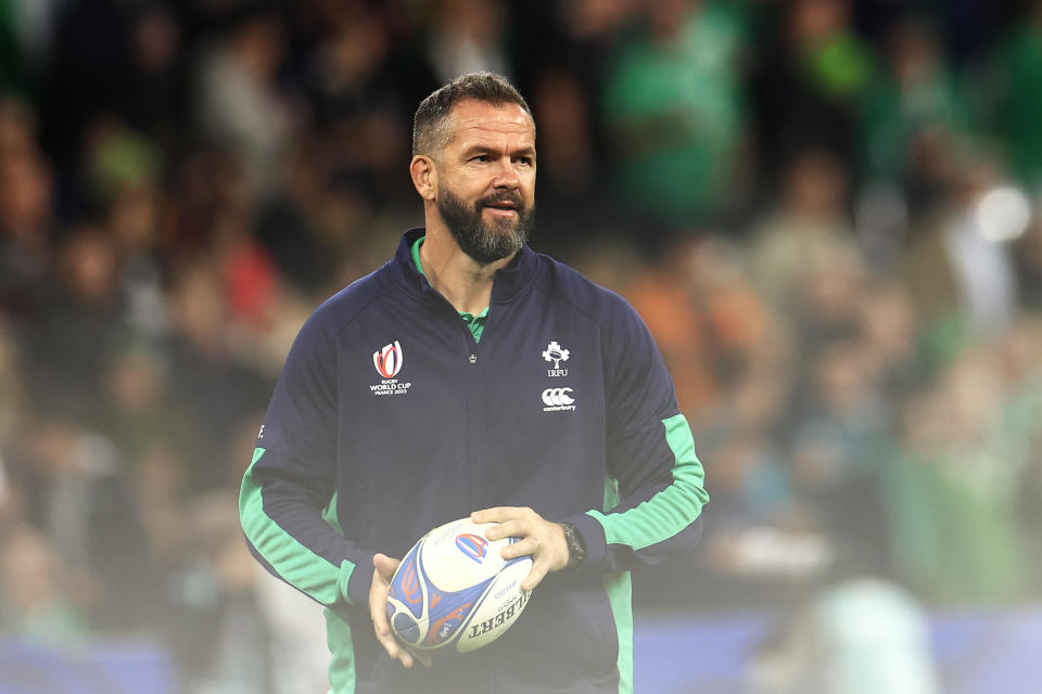 Ireland's head coach Andy Farrell walks on the pitch before the Rugby World Cup quarterfinal match between Ireland and New Zealand at the Stade de France in Saint-Denis, near Paris, Saturday, Oct. 14, 2023. (AP Photo/Aurelien Morissard)