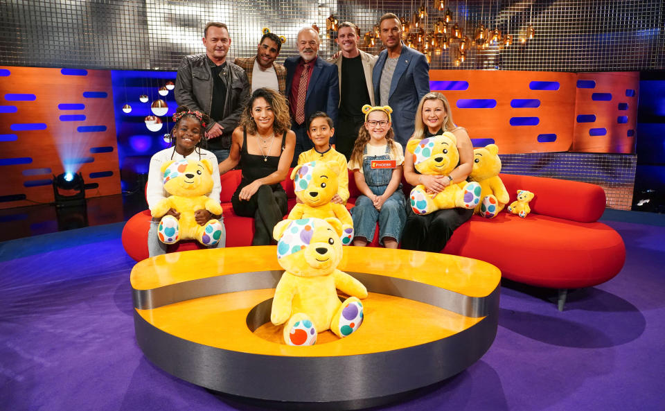 Children In Need 2023,17-11-2023,Graham Norton Children In Need Special,L to R: Perry Fenwick (Eastenders), Dr Ranj (TV Doctor), Karen Hauer (Strictly Come Dancing), Graham Norton, Conor Gallagher (Chelsea and England footballer), Matt Goss (Bros), and Rosie Ramsey (Podcaster, Presenter and Author). ,PA Photos,Ian West