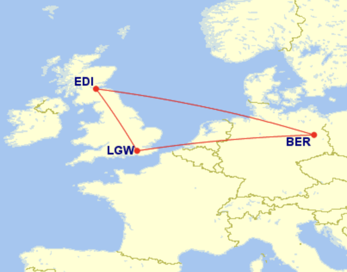 Around the houses: after cancelling a flight from London Gatwick (LGW) to Edinburgh (EDI), easyJet suggested routing via Berlin (BER) (Great Circle Mapper)
