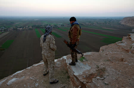 Popular Mobilisation Forces (PMF) fighters stand on a hill at the Iraqi-Syrian border near al-Qaim, Iraq. November 25, 2018. REUTERS/Alaa al-Marjani