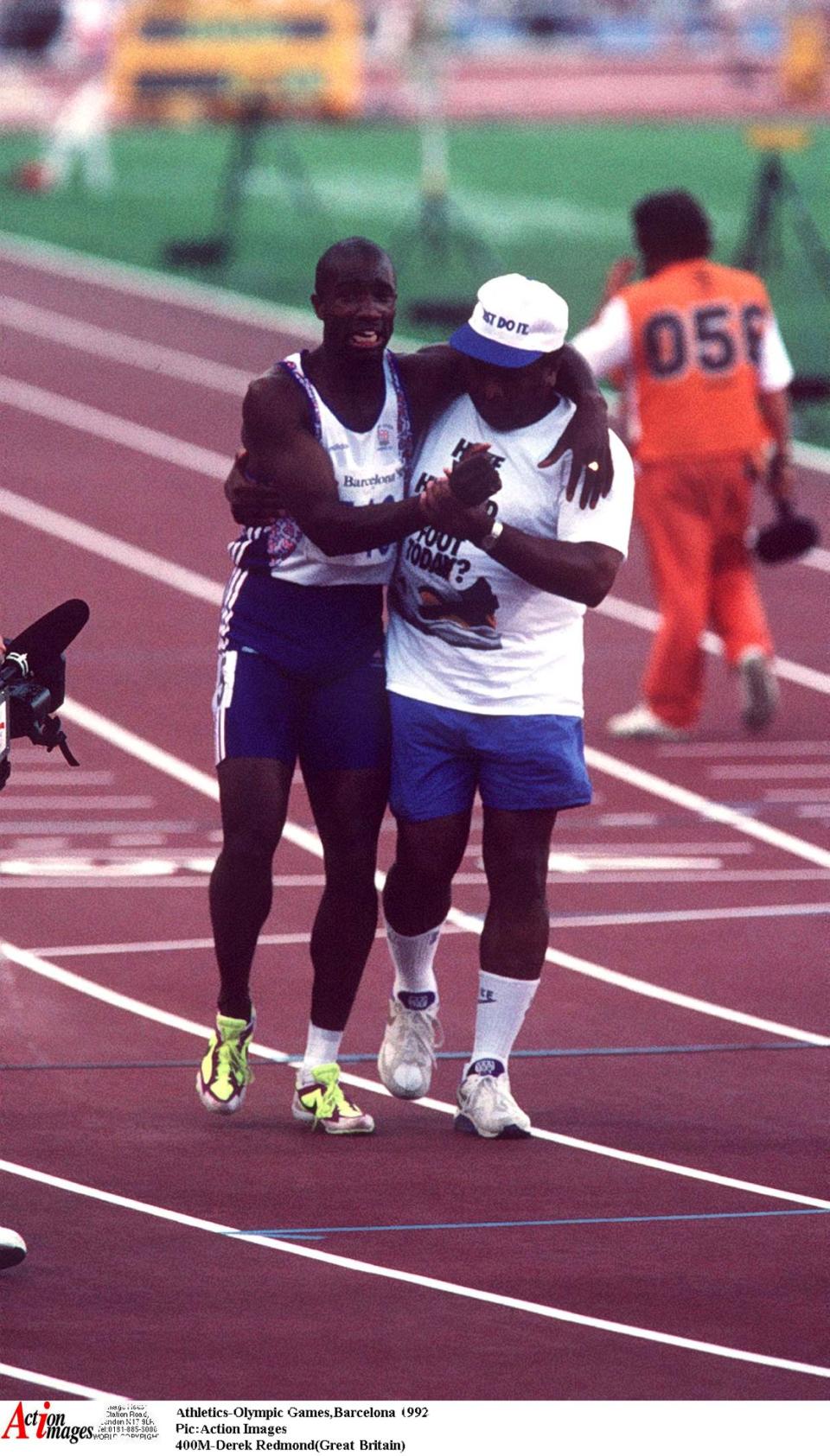 Athletics - 1992 Olympic Games, Barcelona, Spain 
Pic:Action Images 
400M - Derek Redmond (Great Britain) is helped to the finish by his dad