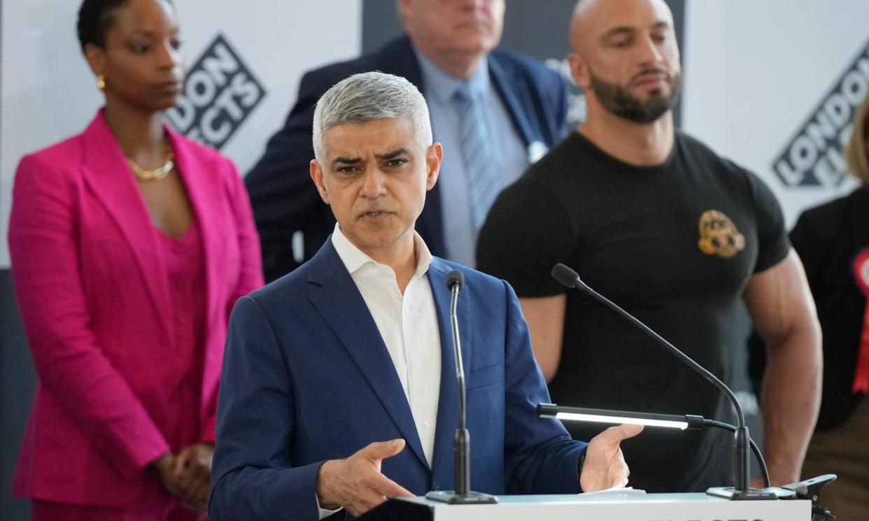 <span>Sadiq Khan makes a speech as he is re-elected for a record third time as mayor of London on Saturday.</span><span>Photograph: Alastair Grant/AP</span>