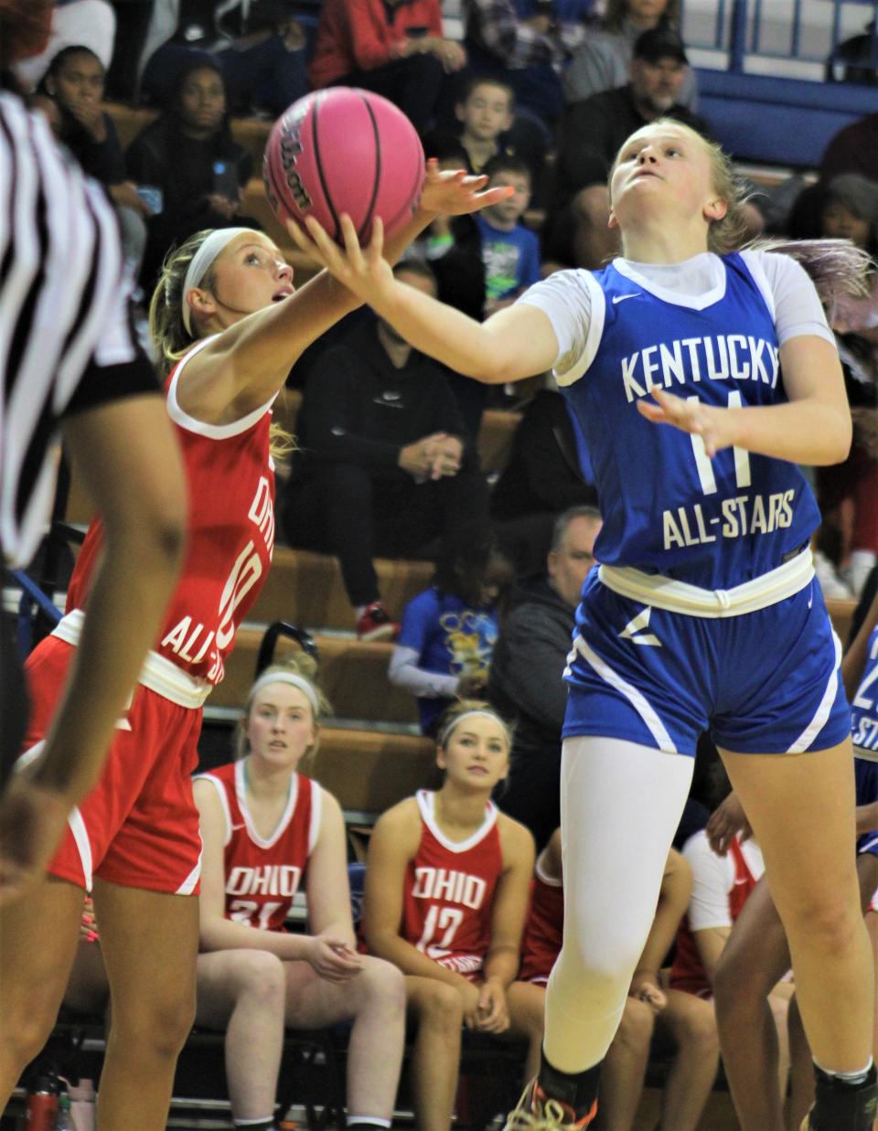 Ryle's Abby Holtman goes up for a shot as Kentucky defeated Ohio 117-94 in the girls edition of the Ohio-Kentucky All-Star Game April 8, 2023, at Thomas More University's Connor Convocation Center.