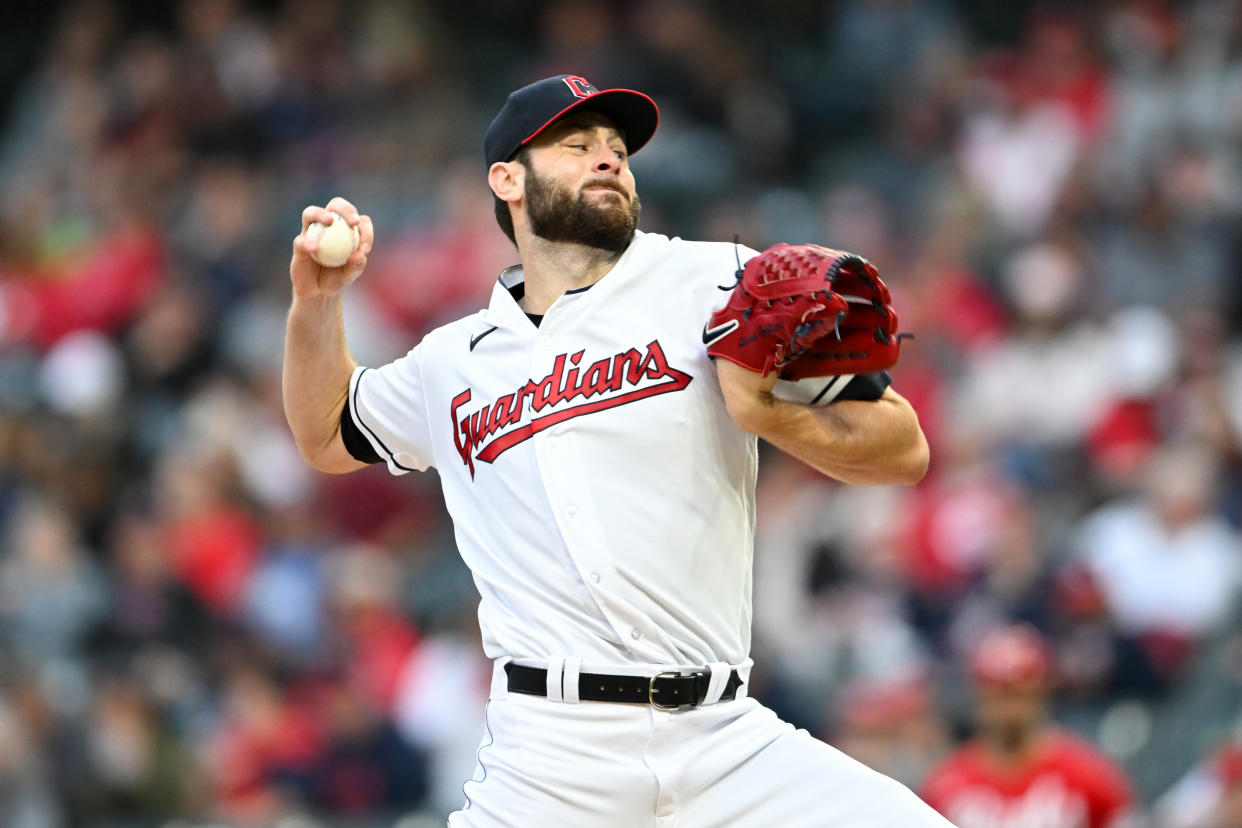 CLEVELAND, OHIO - SEPTEMBER 26, 2023: Lucas Giolito #27 of the Cleveland Guardians throws a pitch during the third inning against the Cincinnati Reds at Progressive Field on September 26, 2023 in Cleveland, Ohio. (Photo by Nick Cammett/Diamond Images via Getty Images)