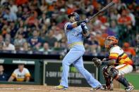 Aug 10, 2018; Houston, TX, USA; Seattle Mariners designated hitter Nelson Cruz (23) hits a RBI double agains the Houston Astros in the eighth inning at Minute Maid Park. Mandatory Credit: Thomas B. Shea-USA TODAY Sports