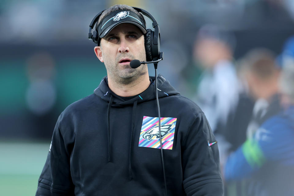 Oct 15, 2023; East Rutherford, New Jersey, USA; Philadelphia Eagles head coach Nick Sirianni coaches against the <a class="link " href="https://sports.yahoo.com/nfl/teams/ny-jets/" data-i13n="sec:content-canvas;subsec:anchor_text;elm:context_link" data-ylk="slk:New York Jets;sec:content-canvas;subsec:anchor_text;elm:context_link;itc:0">New York Jets</a> during the second quarter at MetLife Stadium. Mandatory Credit: Brad Penner-USA TODAY Sports