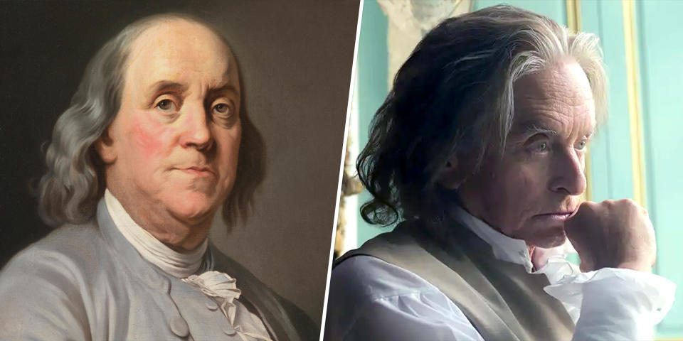 Portrait of Benjamin Franklin , c. 1780. and “Franklin” (Getty Images, Apple +)