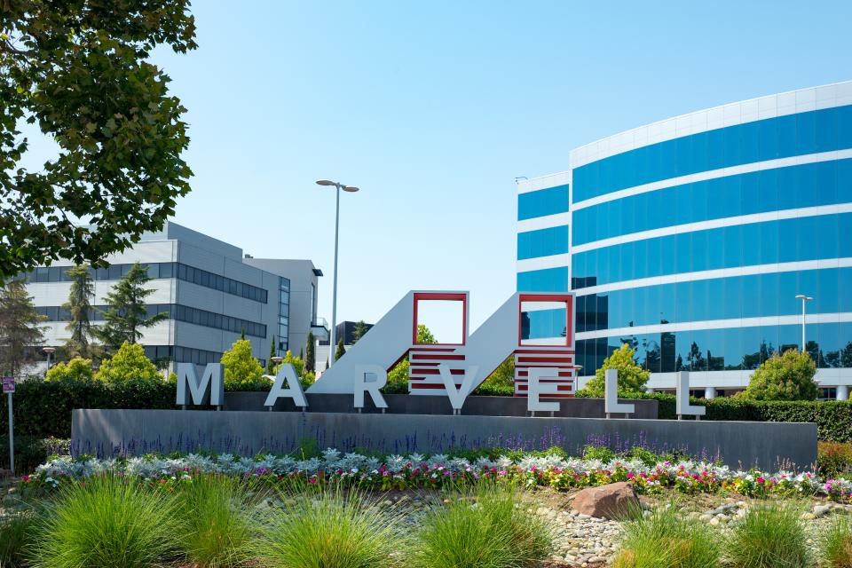 Signage with logo at the Silicon Valley headquarters of semiconductor company Marvell, Santa Clara, California, August 17, 2017. (Photo via Smith Collection/Gado/Getty Images).