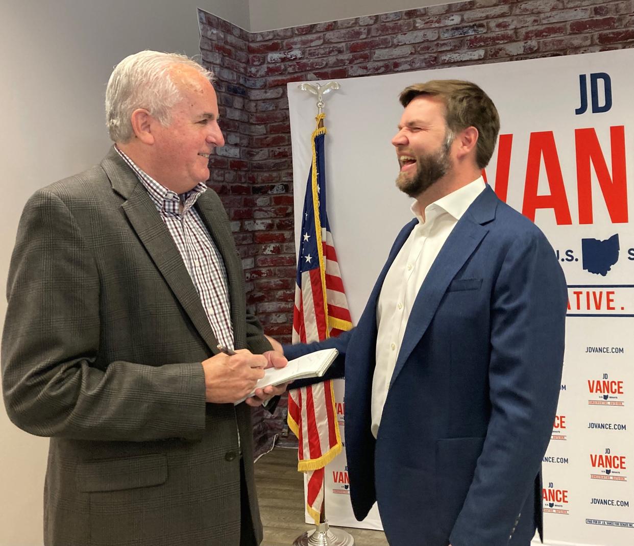 Dan Sewell interviews J.D. Vance in Middletown at Vance campaign event in October 2022.