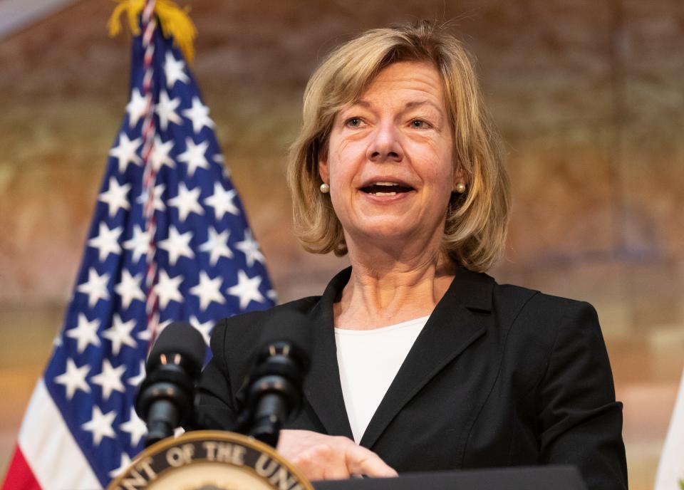 Sen. Tammy Baldwin (D-Wis.) speaks before Vice President Kamala Harris Monday, January 24, 2022 at the Wisconsin Regional Training Partnership/ BIG STEP at 3841 W. Wisconsin Ave. in Milwaukee, Wis.