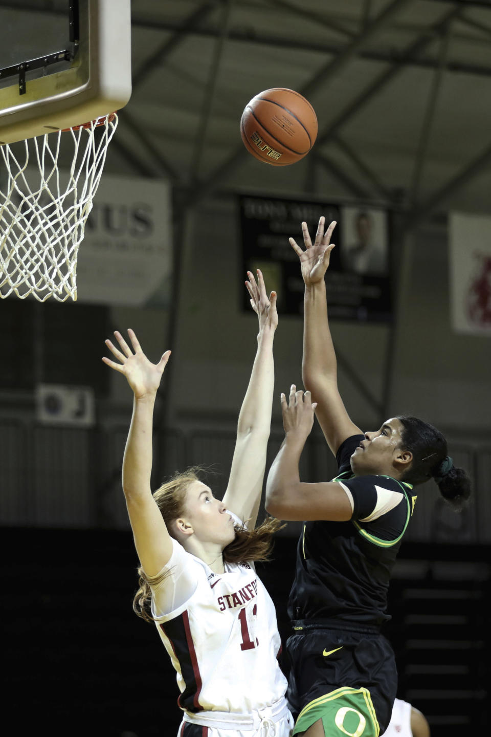 Oregon forward Nyara Sabally shoots against Stanford forward Ashten Prechtel during the first half of an NCAA college basketball game in Santa Cruz, Calif., Friday, Jan. 8, 2021. (AP Photo/Jed Jacobsohn)