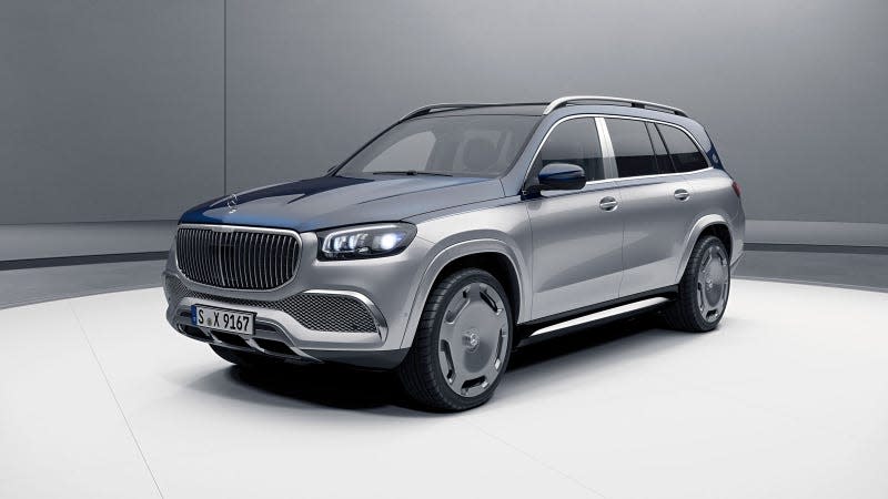 A photo of a blue and silver Mercedes-Maybach GLS. 