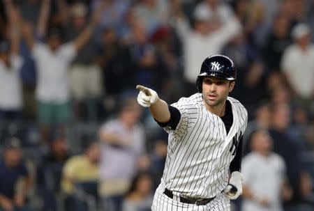 Sep 18, 2018; Bronx, NY, USA; New York Yankees first baseman Neil Walker (14) reacts after hitting a three run home run against the Boston Red Sox during the seventh inning at Yankee Stadium. Mandatory Credit: Brad Penner-USA TODAY Sports