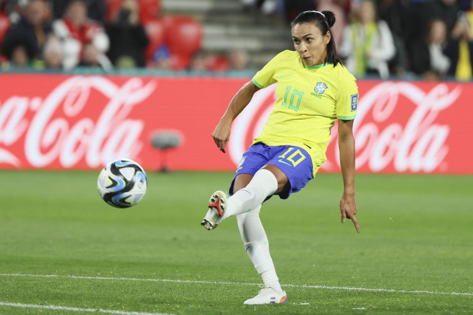 Brazil's Marta takes a free kick during the Women's World Cup Group F soccer match between Brazil and Panama in Adelaide, Australia, Monday, July 24, 2023. (AP Photo/James Elsby)