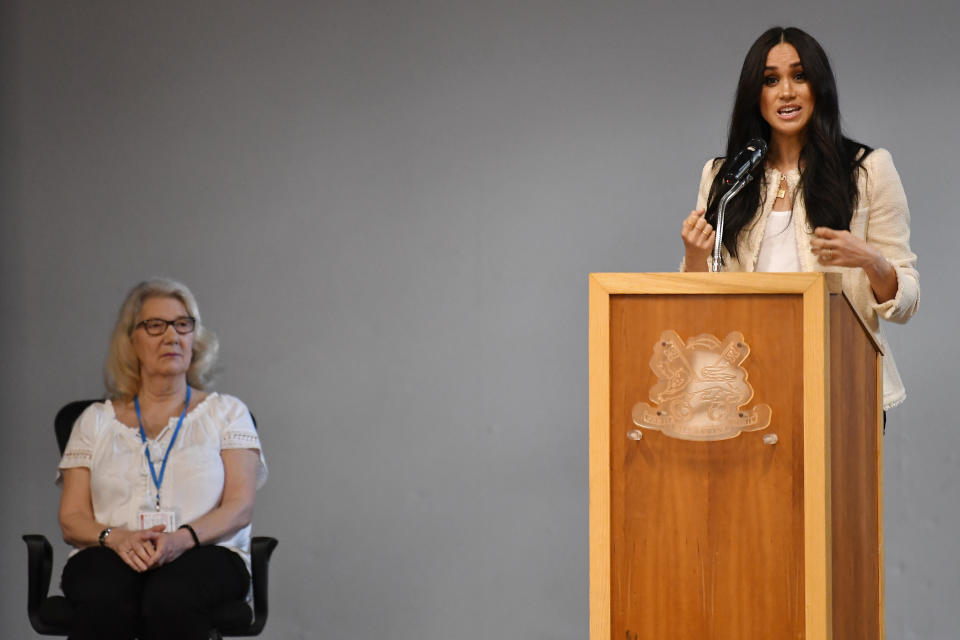 The Duchess of Sussex speaks during a school assembly as part of a surprise visit to the Robert Clack Upper School in Dagenham, Essex, to celebrate International Women's Day.