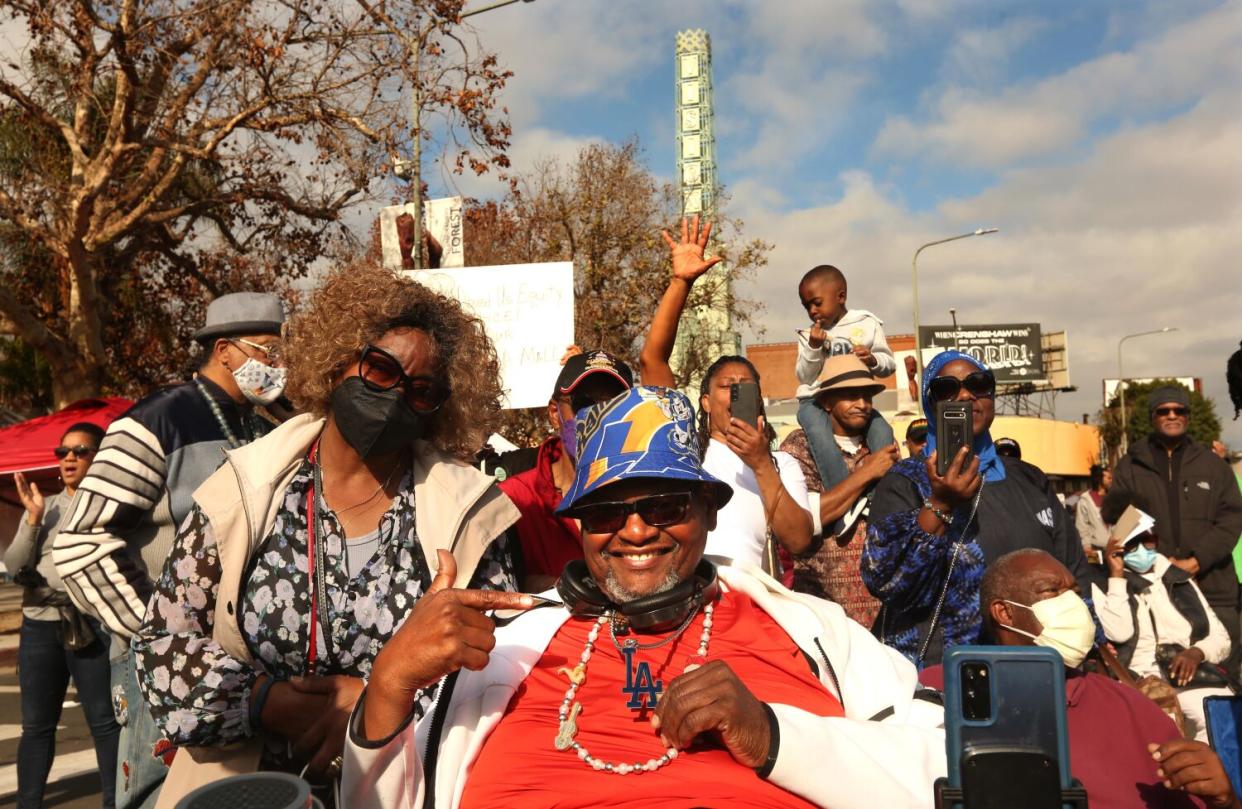 Supporters listen to Mayor-elect Karen Bass speak Saturday in Leimert Park.