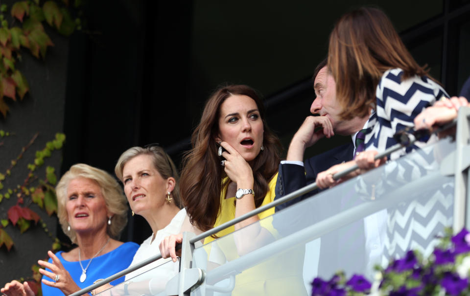 The Duchess of Cambridge watches the action on court 17 with AELTC Chairman Philip Brook, Gill Brook (left), Sophie, The Countess of Wessex and Rebecca Deacon (right) on July 17, 2016, day ten of the Wimbledon Championships at the All England Lawn Tennis and Croquet Club, Wimbledon.