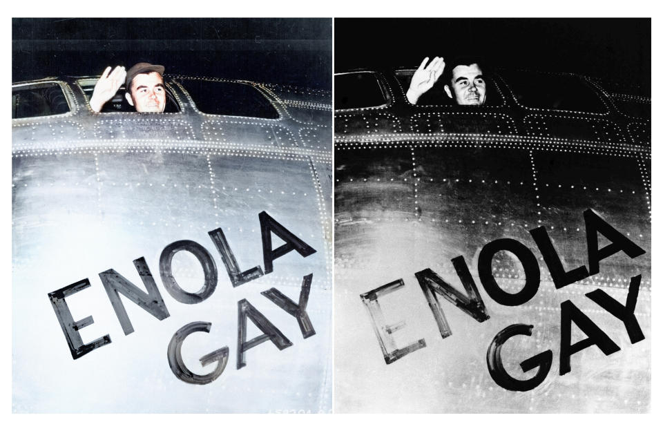 This photo combination shows digital coloring by Anju Niwata and Hidenori Watanave left, and original black and white AP photo that Col. Paul W. Tibbets, Jr., pilot of the Enola Gay, the plane that dropped the atomic bomb on Hiroshima, Japan, waves from his cockpit before takeoff from Tinian Island in Northern Marianas, Aug. 6, 1945. (Anju Niwata & Hidenori Watanave via AP)