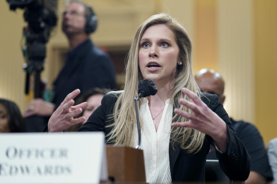 U.S. Capitol Police officer Caroline Edwards testifies as the House select committee investigating the Jan. 6 attack on the U.S. Capitol holds its first public hearing to reveal the findings of a year-long investigation, on Capitol Hill in Washington, Thursday, June 9, 2022. (AP Photo/Andrew Harnik)