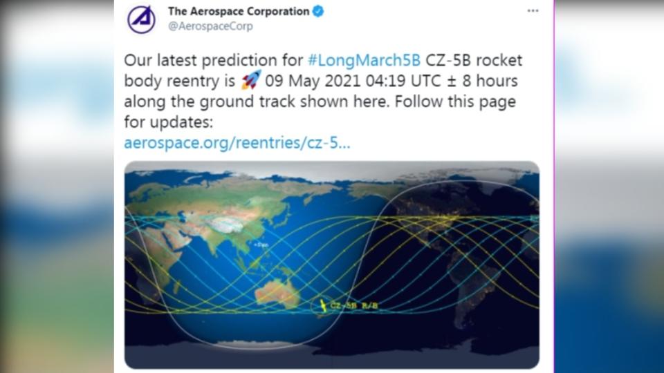 美國航太公司預測長征五號殘骸墜落時間與軌跡。（圖／翻攝自The Aerospace CorporationTwitter）