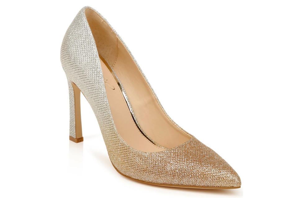 gold heels, pumps, badgley mischka