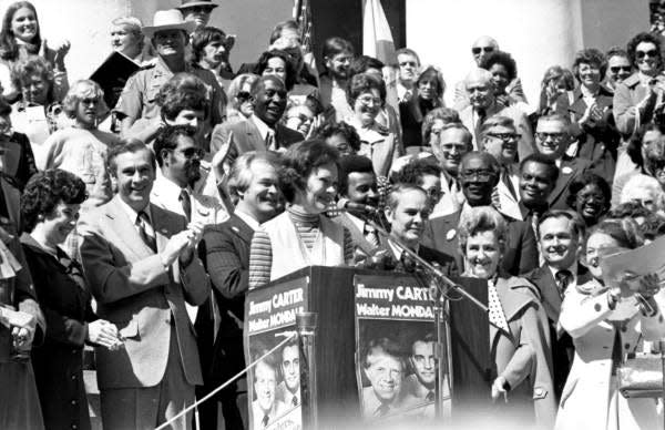 Rosalynn Carter campaigning for her husband Jimmy Carter in Tallahassee during the 1976 presidential election.