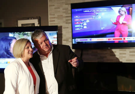 Andrea Horwath, leader of the Ontario New Democratic Party (NDP), watches the first returns on television after provincial election voting closed, in Hamilton, Ontario, Canada June 7, 2018. REUTERS/Chris Helgren