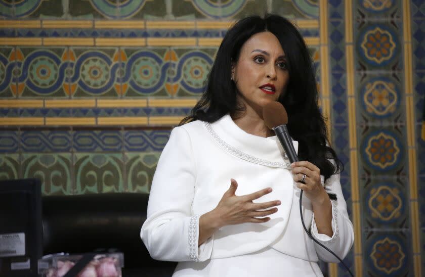 LOS ANGELES, CA - JANUARY 14, 2020 Los Angeles City Council 6th district representative Nury Martinez addresses the crowded city council chambers Tuesday for the first time as President of the City Council. A daughter of Mexican immigrants she becomes the first Latina to presided over Los Angeles City Council meetings as President chosen unanimously by the City Council last December. (Al Seib / Los Angeles Times)